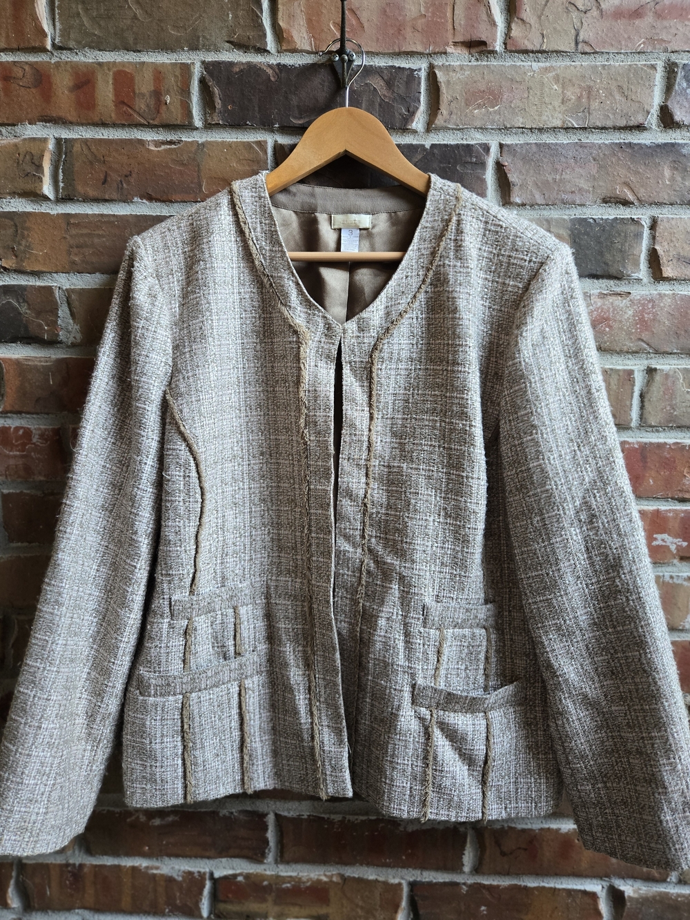 Chico's Neutral Beige Tweed Collarless Blazer With Pockets Classic Layering